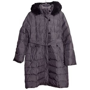 Lands' End gray down belted coat detachable hood LT New